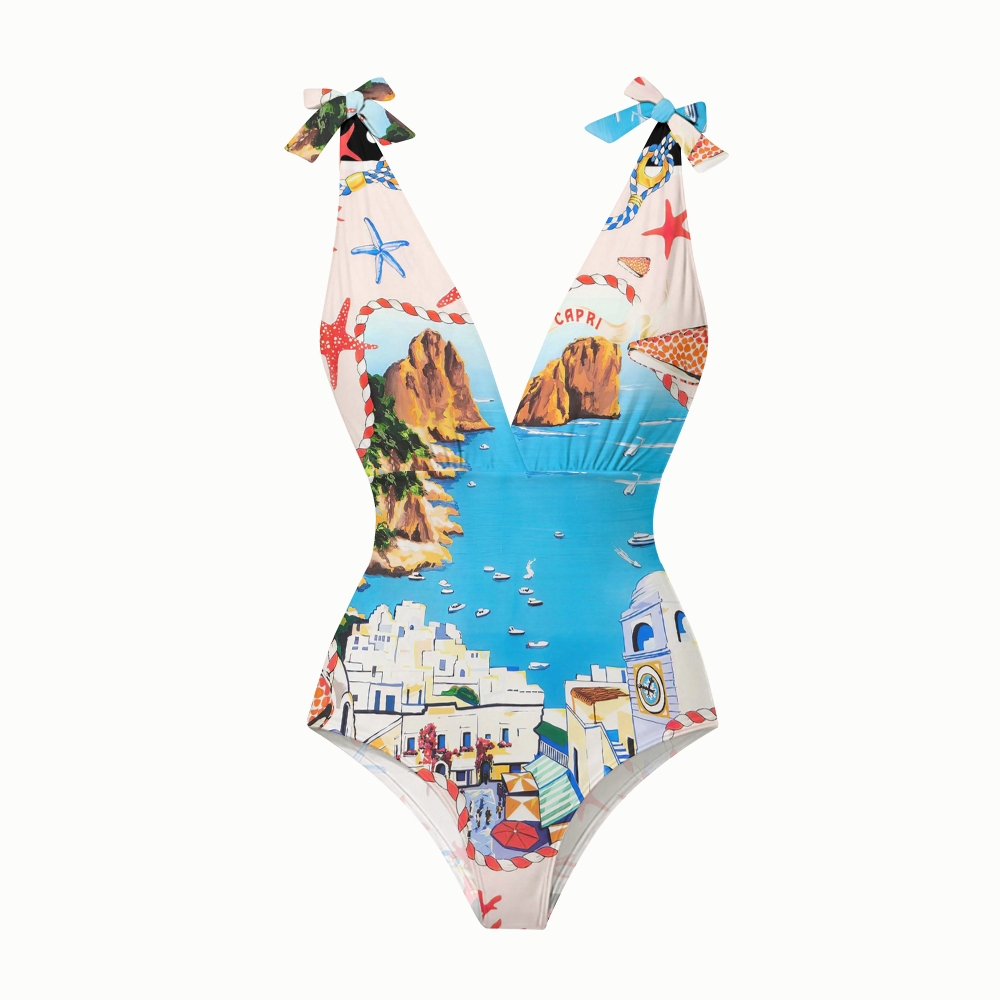 Capri Vacation Print Deep V One Piece Swimsuit With Matching Skirt
