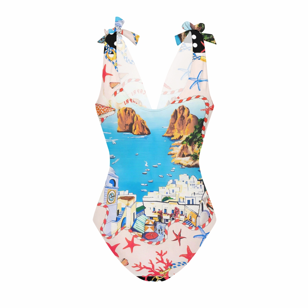Capri Vacation Print Deep V One Piece Swimsuit With Matching Skirt