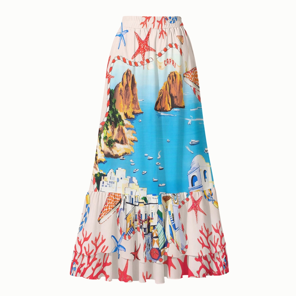 Capri Vacation Print Deep V One Piece Swimsuit With Matching Skirt