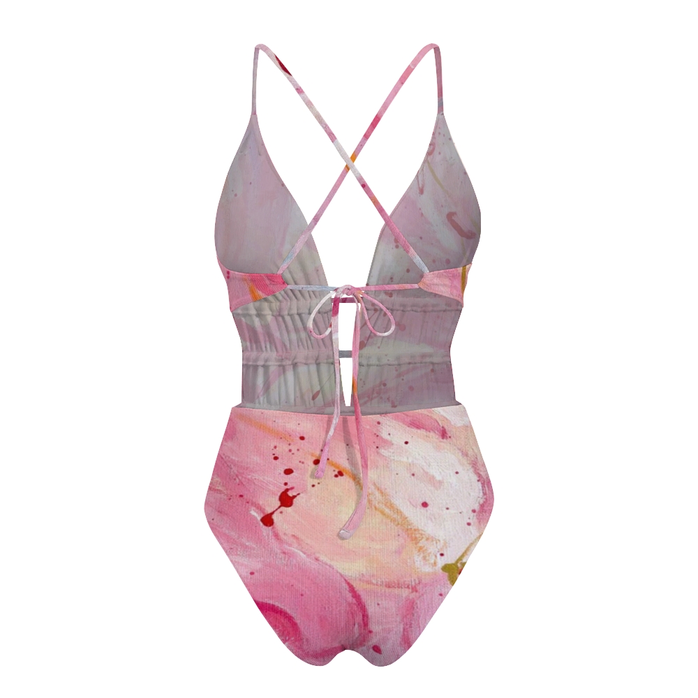 Pink Watercolor Splash Print Plunge One-Piece Swimsuit