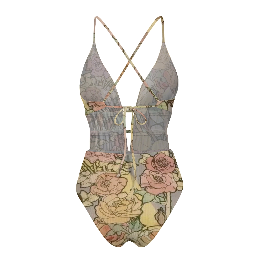 Vintage Rose Print Plunge One-Piece Swimsuit
