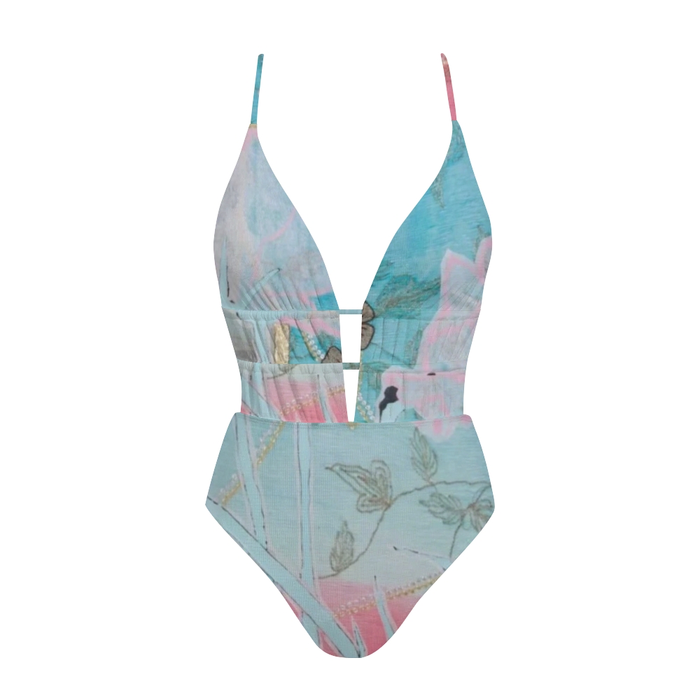 Aqua Pink Abstract Flower Print Plunge One-Piece Swimsuit