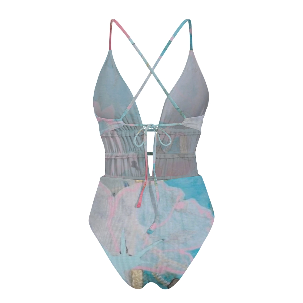 Aqua Pink Abstract Flower Print Plunge One-Piece Swimsuit