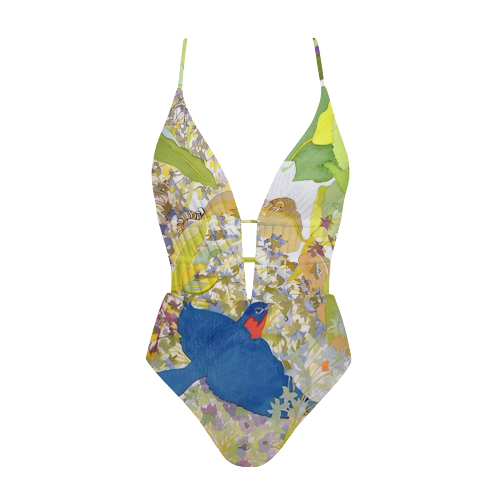 Blue Bird Floral Print Plunge One-Piece Swimsuit