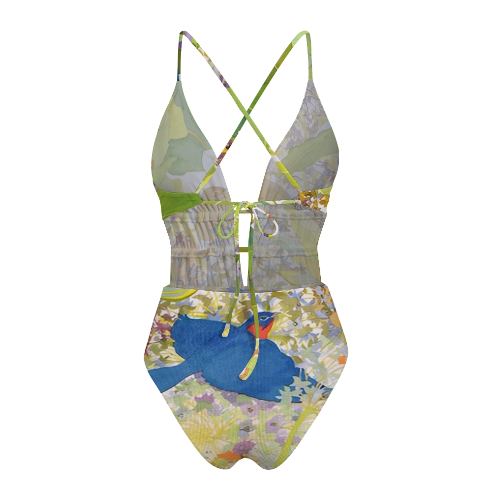 Blue Bird Floral Print Plunge One-Piece Swimsuit
