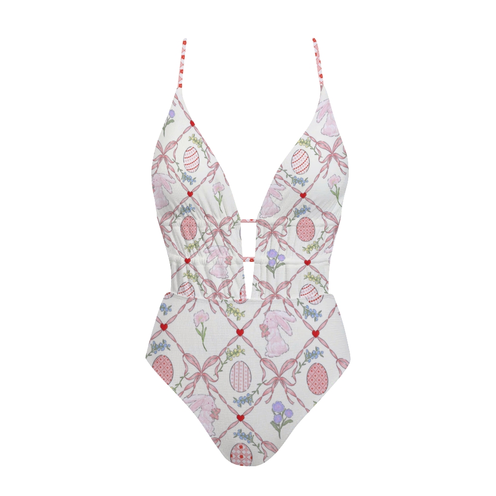 Easter Bunny Ribbon Print Plunge One-Piece Swimsuit