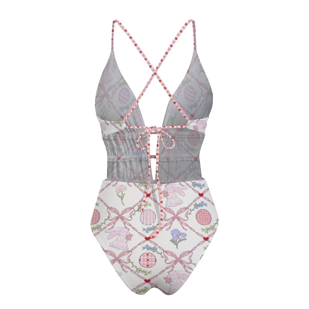 Easter Bunny Ribbon Print Plunge One-Piece Swimsuit