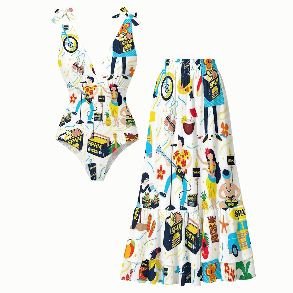 Hawaiian Retro Pop Art Print Deep V One Piece Swimsuit With Matching Skirt