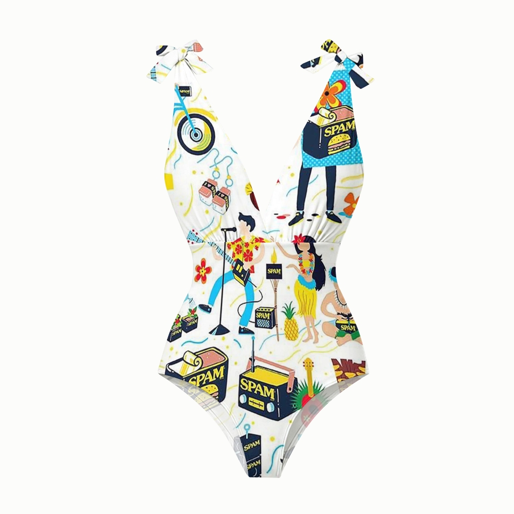Hawaiian Retro Pop Art Print Deep V One Piece Swimsuit With Matching Skirt