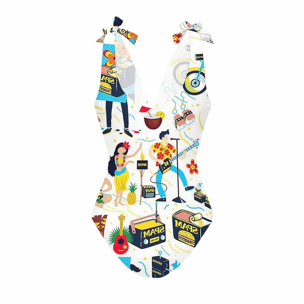 Hawaiian Retro Pop Art Print Deep V One Piece Swimsuit With Matching Skirt