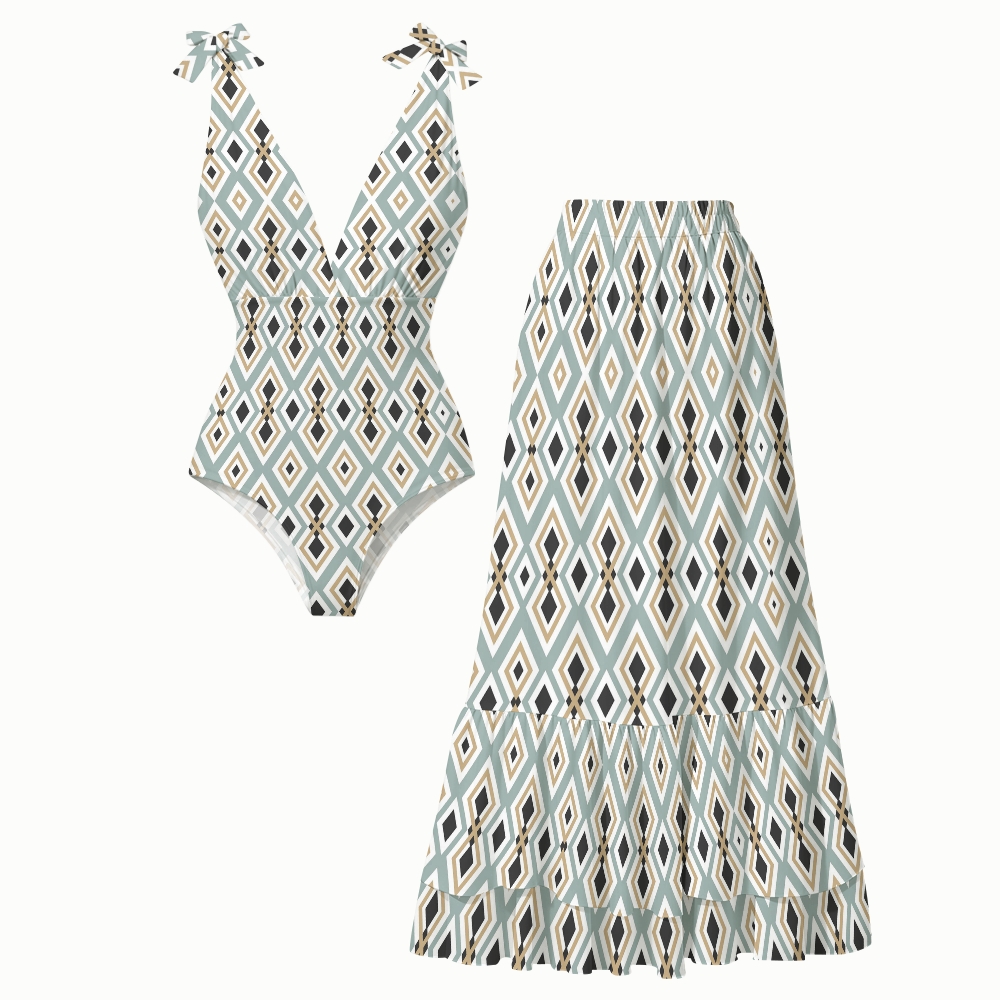 Vintage Geometric Diamond Print Deep V One Piece Swimsuit With Matching Skirt