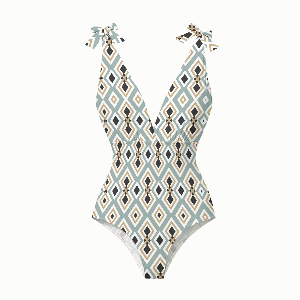 Vintage Geometric Diamond Print Deep V One Piece Swimsuit With Matching Skirt