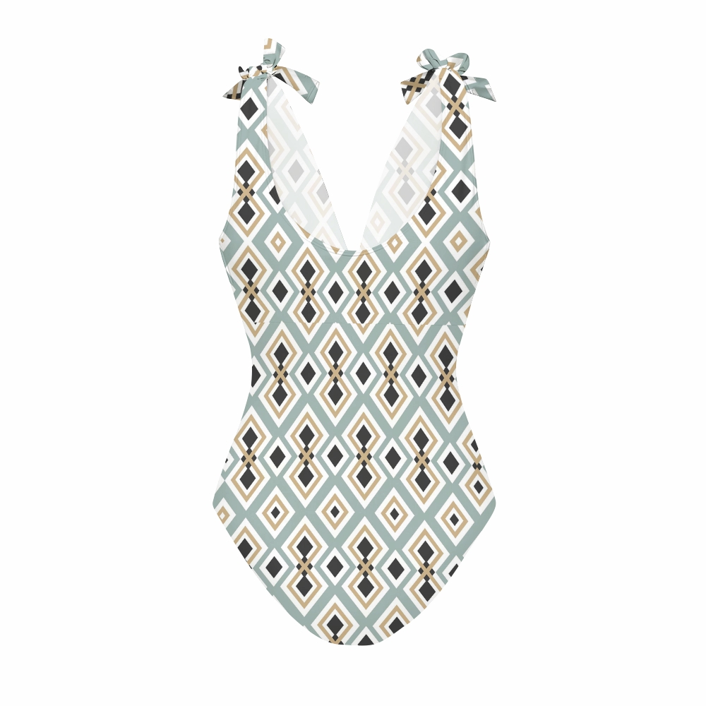 Vintage Geometric Diamond Print Deep V One Piece Swimsuit With Matching Skirt