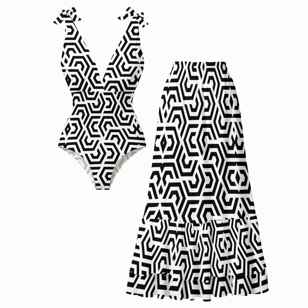 Modern Geometric Maze Print Deep V One Piece Swimsuit With Matching Skirt