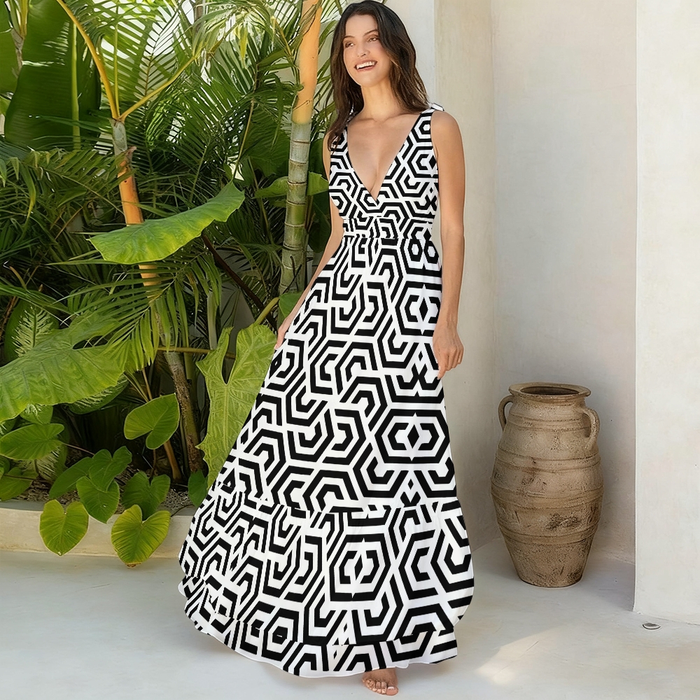 Modern Geometric Maze Print Deep V One Piece Swimsuit With Matching Skirt