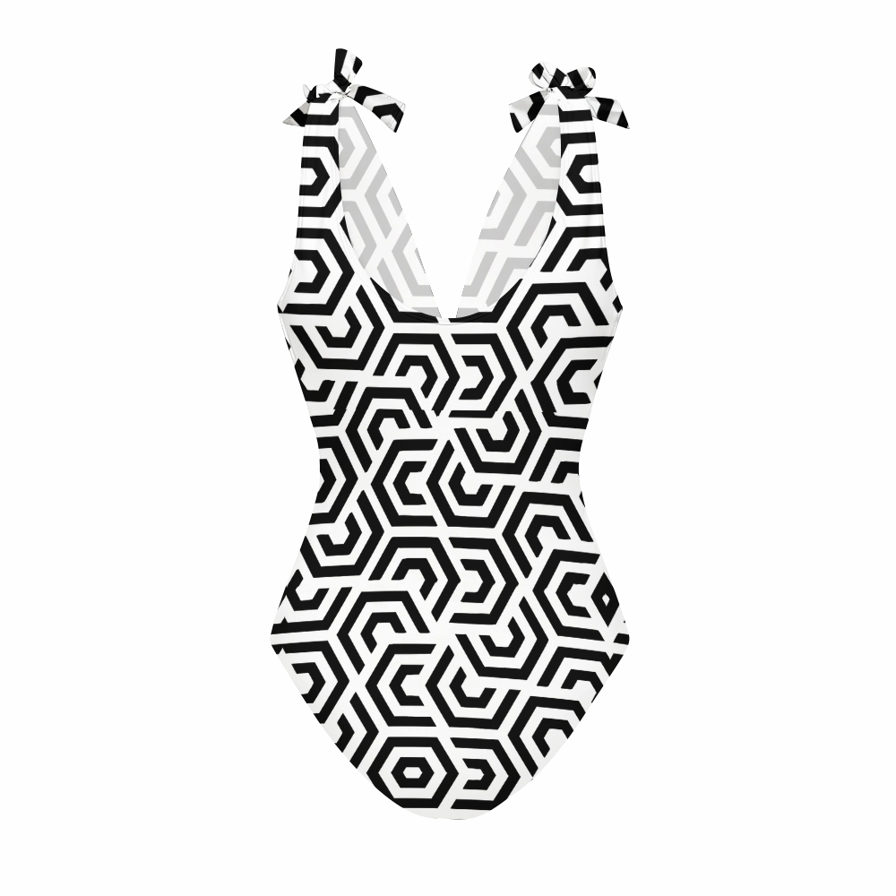 Modern Geometric Maze Print Deep V One Piece Swimsuit With Matching Skirt