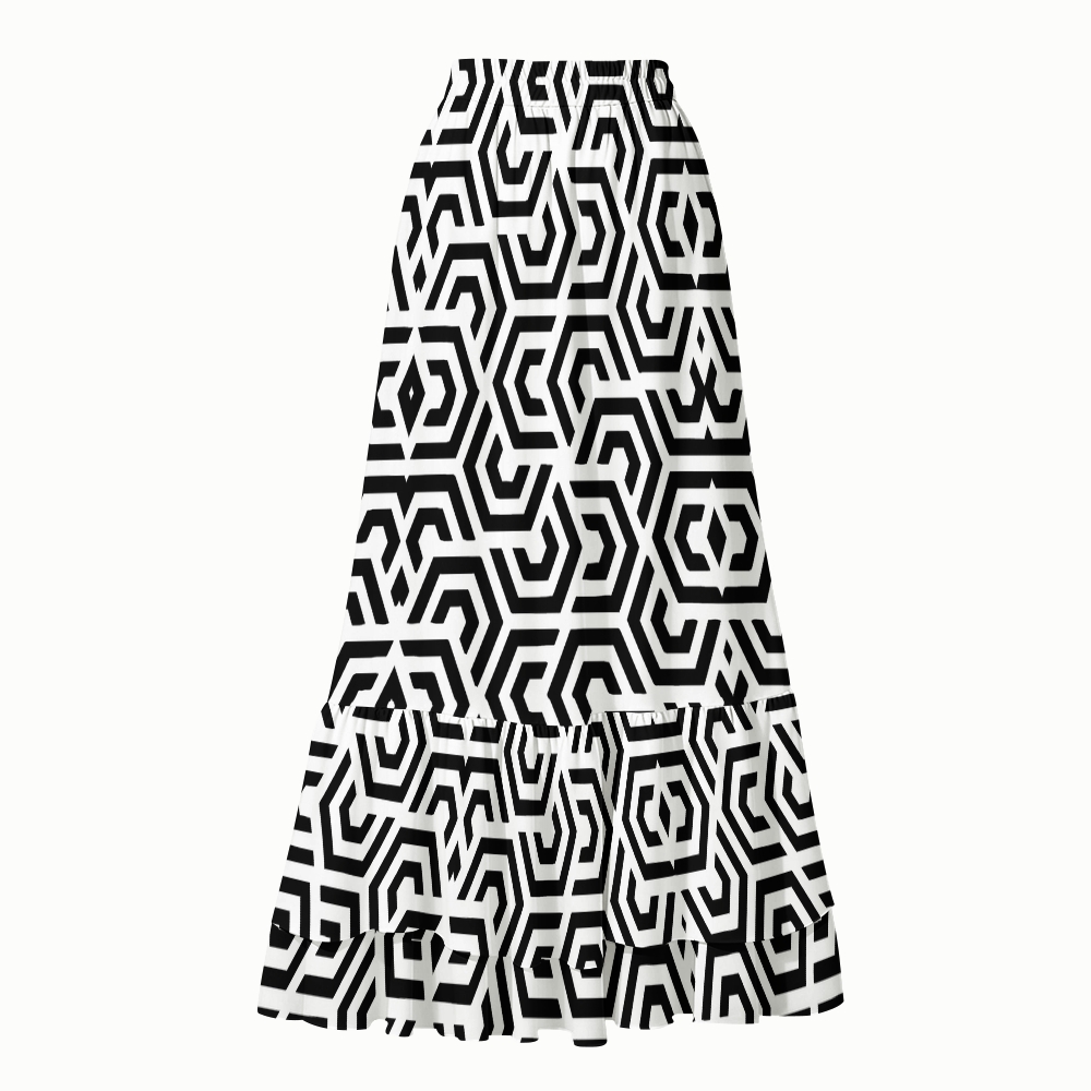 Modern Geometric Maze Print Deep V One Piece Swimsuit With Matching Skirt