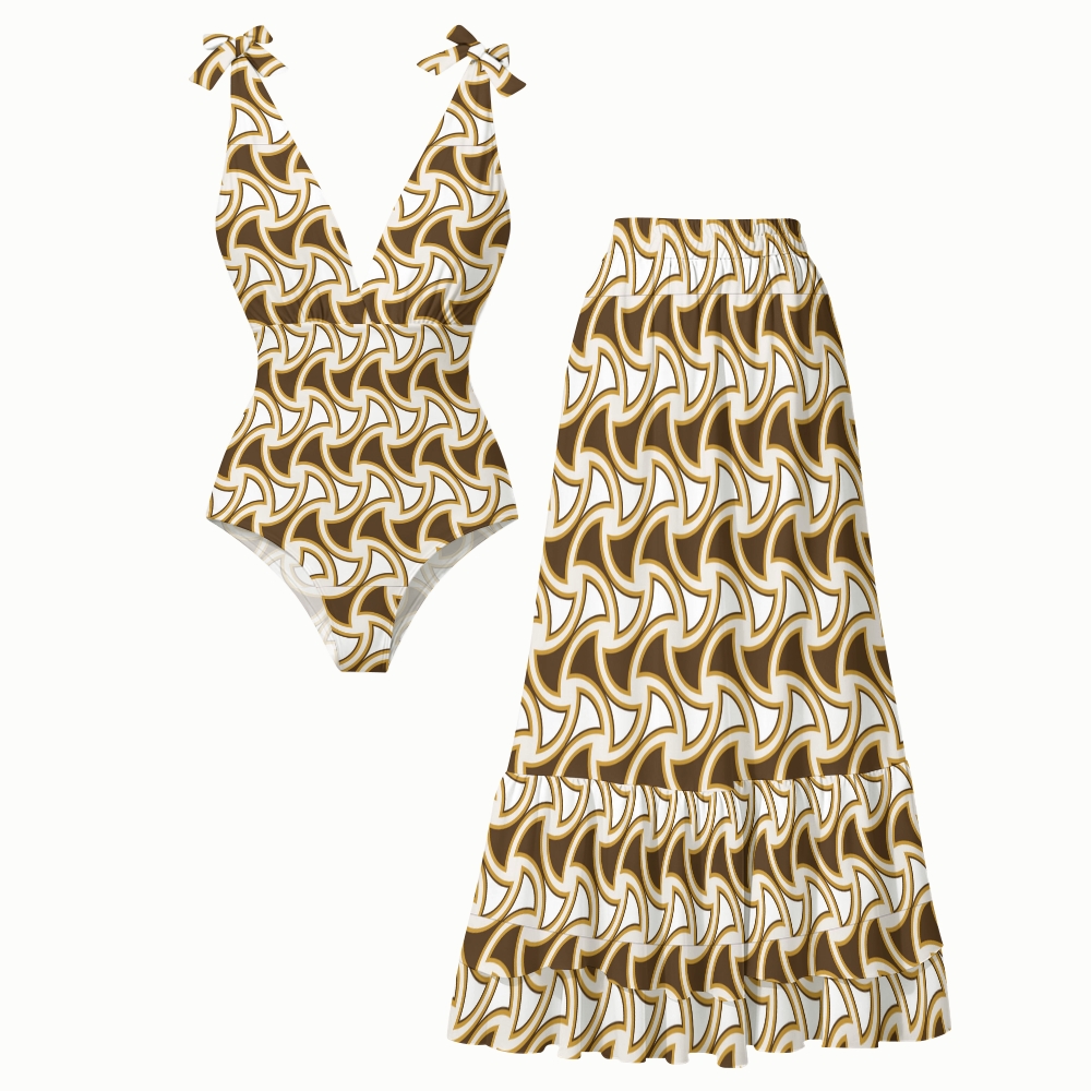 Vintage Geometric Wave Print Deep V One Piece Swimsuit With Matching Skirt