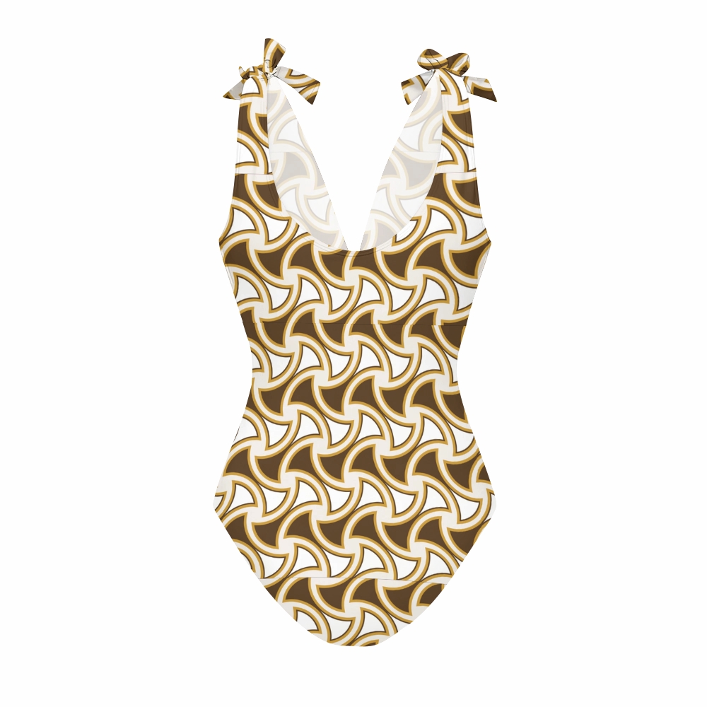 Vintage Geometric Wave Print Deep V One Piece Swimsuit With Matching Skirt