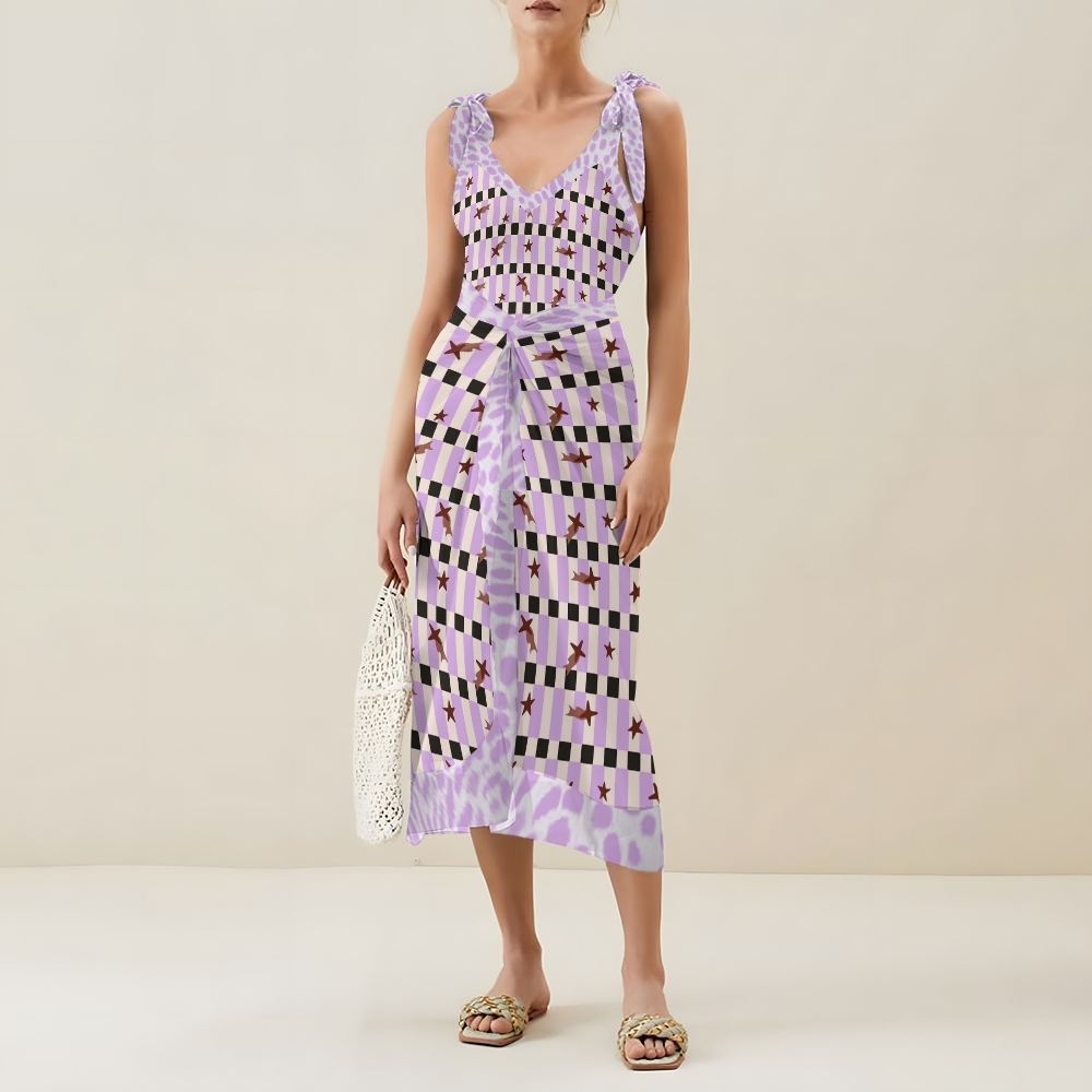 Women's Purple Check Starfish Print One Piece Swimsuits and Cover Ups