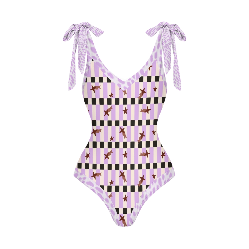 Women's Purple Check Starfish Print One Piece Swimsuits and Cover Ups