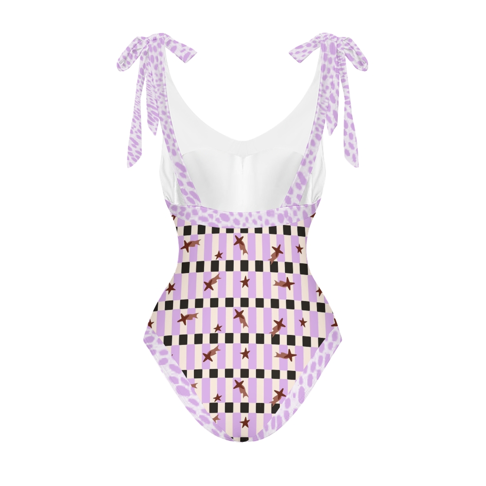 Women's Purple Check Starfish Print One Piece Swimsuits and Cover Ups