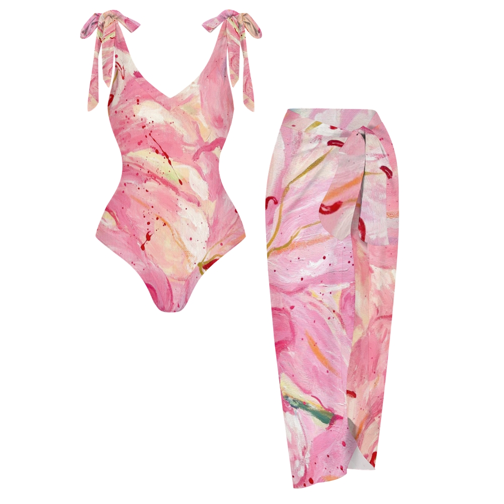 Women's Pink Watercolor Splash Print One Piece Swimsuits and Cover Ups