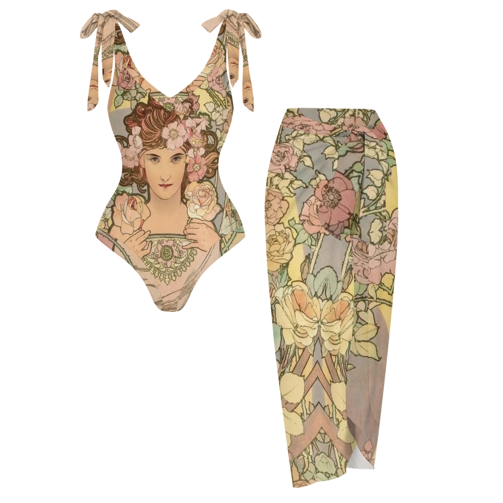 Women's Vintage Lady Floral Print One Piece Swimsuits and Cover Ups