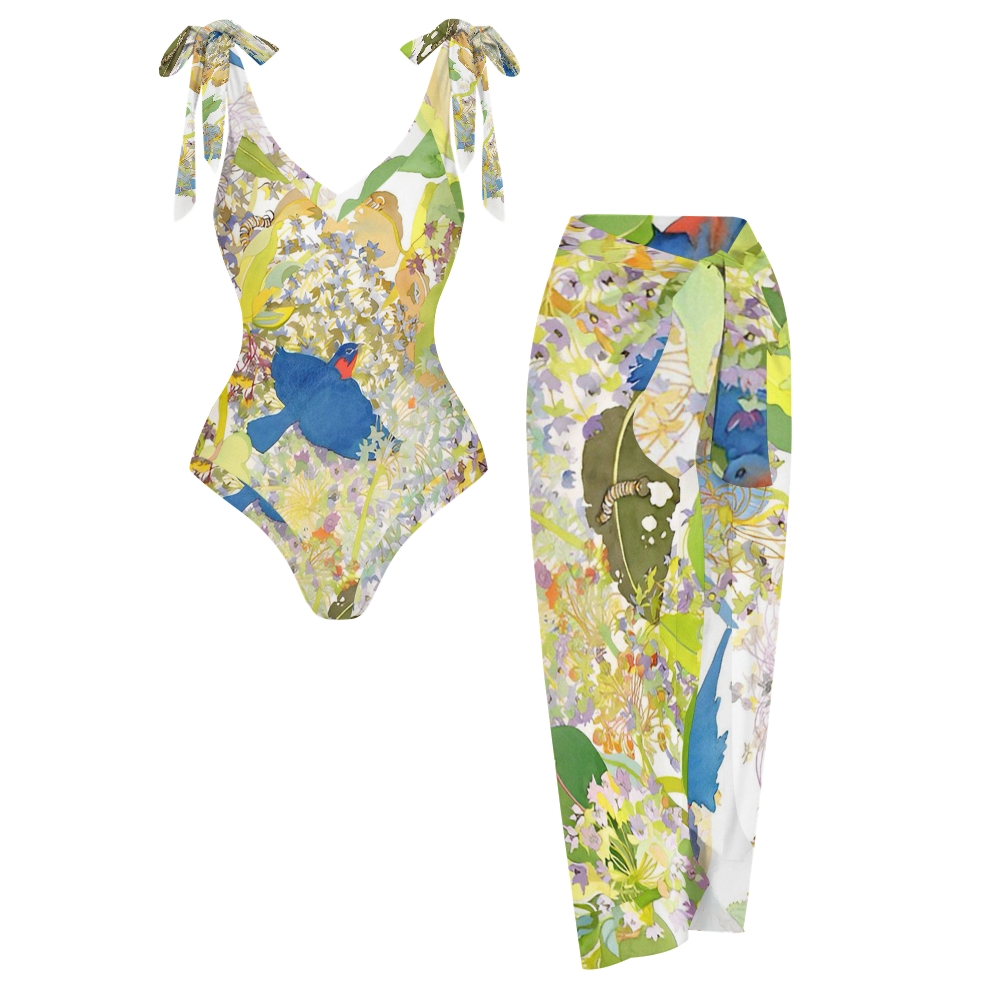 Women's Blue Bird Floral Print One Piece Swimsuits and Cover Ups
