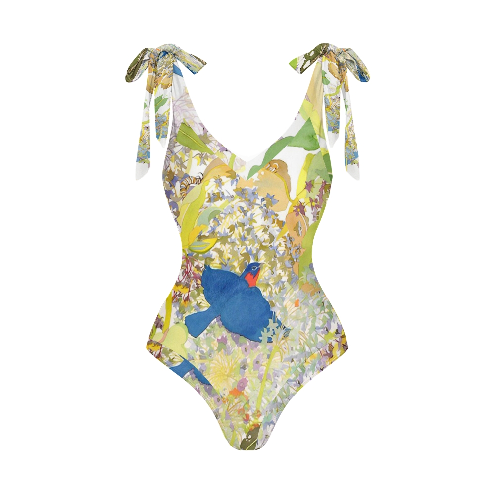 Women's Blue Bird Floral Print One Piece Swimsuits and Cover Ups