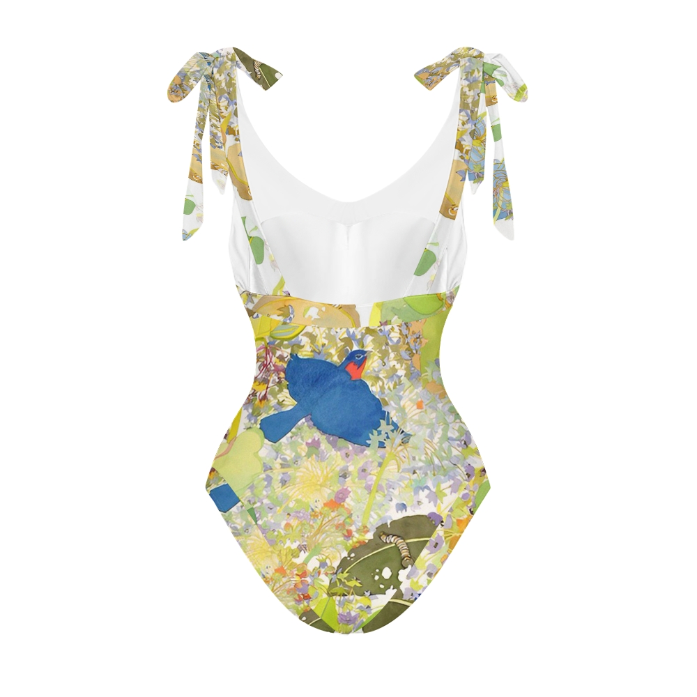 Women's Blue Bird Floral Print One Piece Swimsuits and Cover Ups