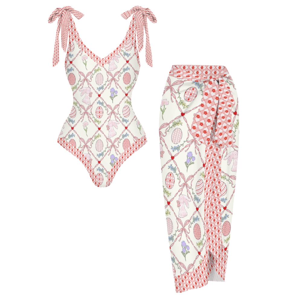 Women's Easter Bunny Ribbon Print One Piece Swimsuits and Cover Ups