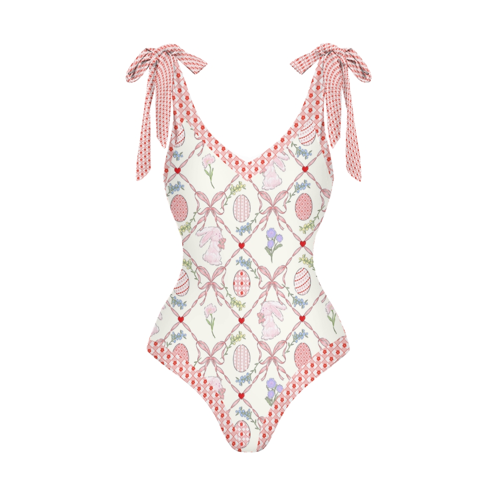 Women's Easter Bunny Ribbon Print One Piece Swimsuits and Cover Ups