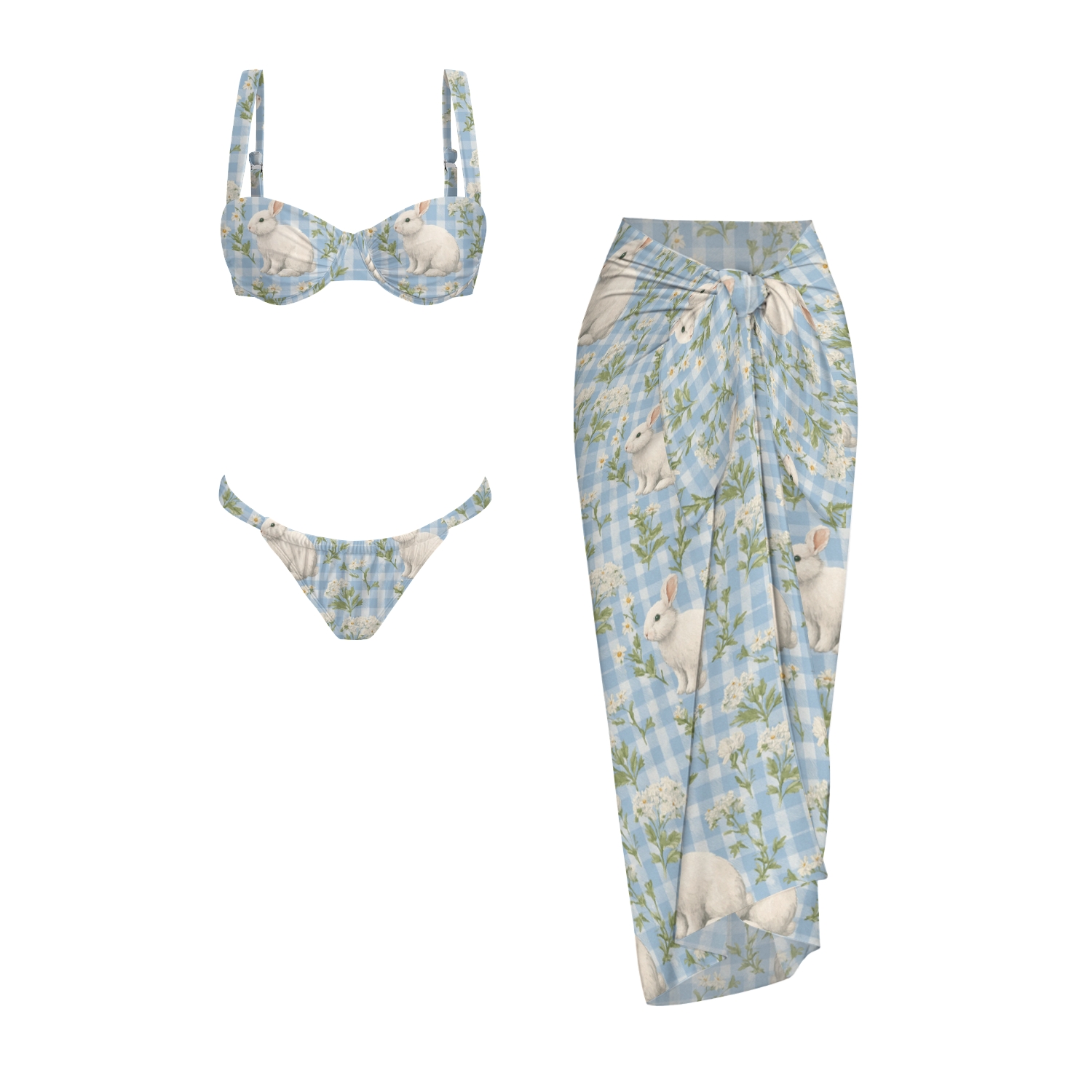 Bunny Gingham Floral Print Bikini And Beach Skirt Set