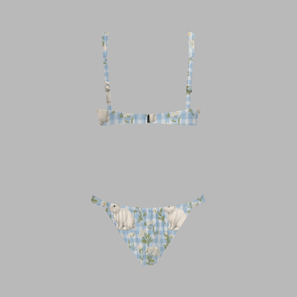 Bunny Gingham Floral Print Bikini And Beach Skirt Set