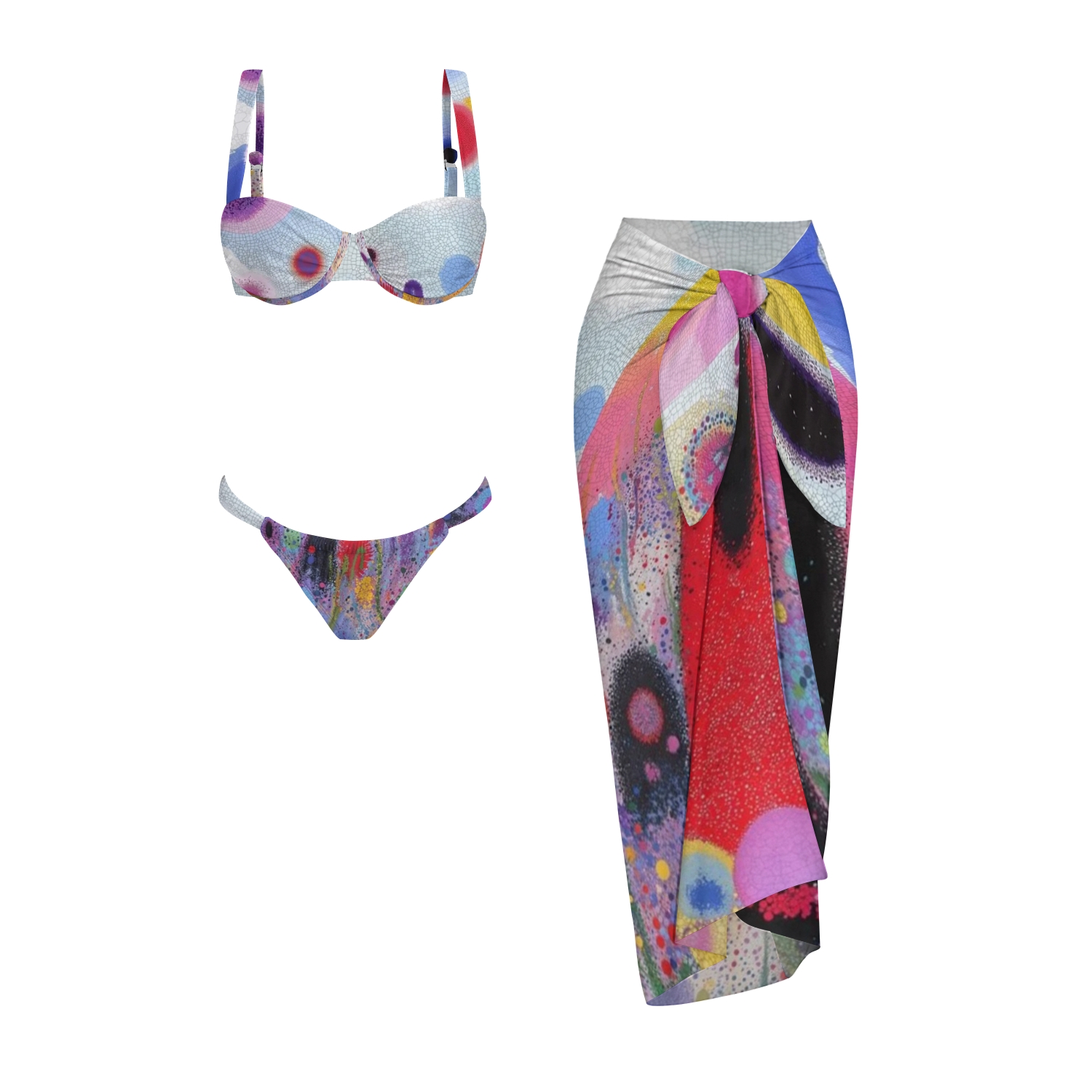 Rainbow Splatter Dot Print Bikini And Beach Skirt Set