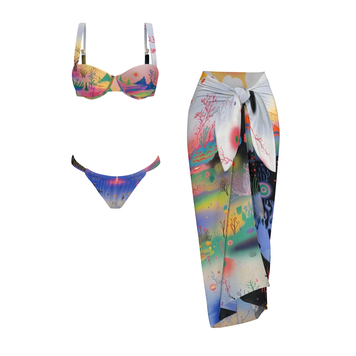 Gradient Fantasy Mountain Print Bikini And Beach Skirt Set