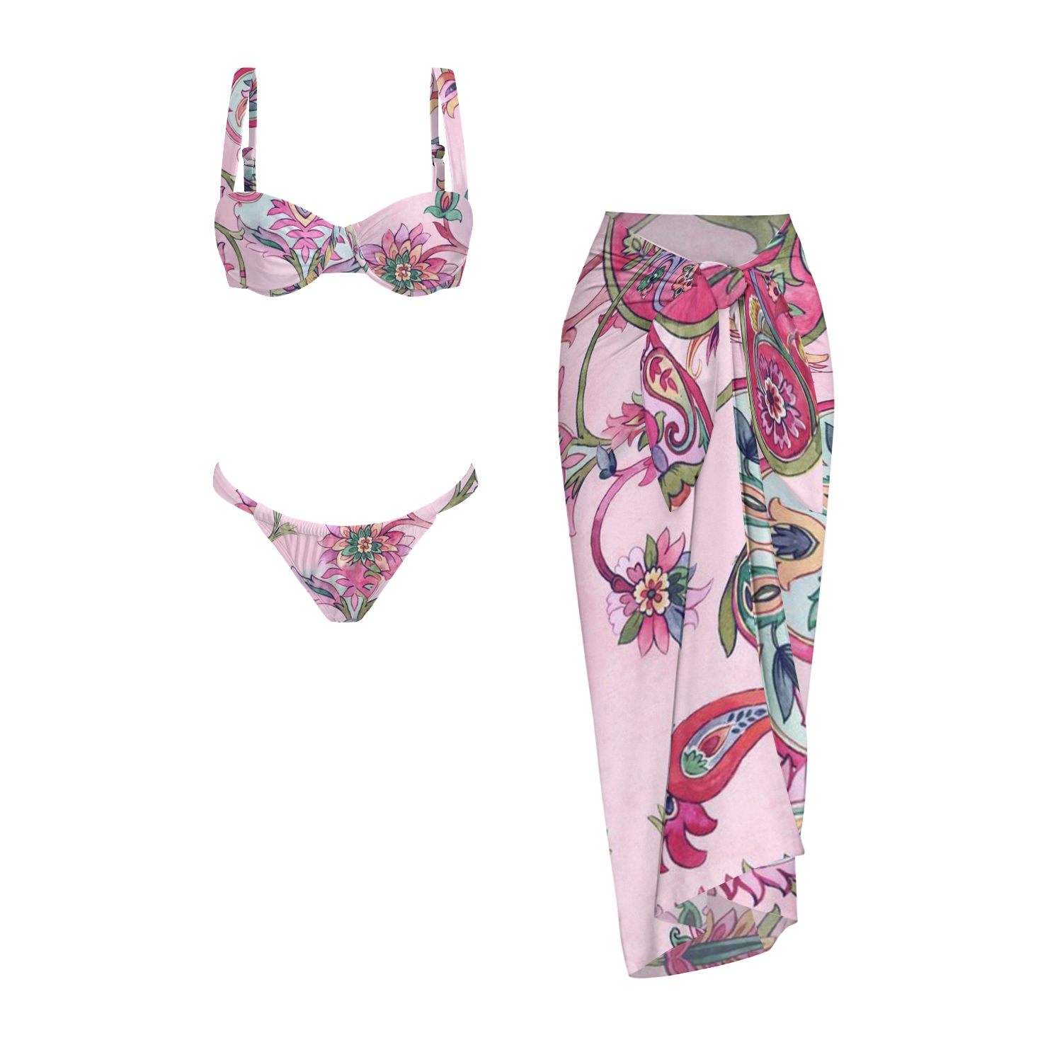 Tropical Paisley Flower Print Bikini And Beach Skirt Set