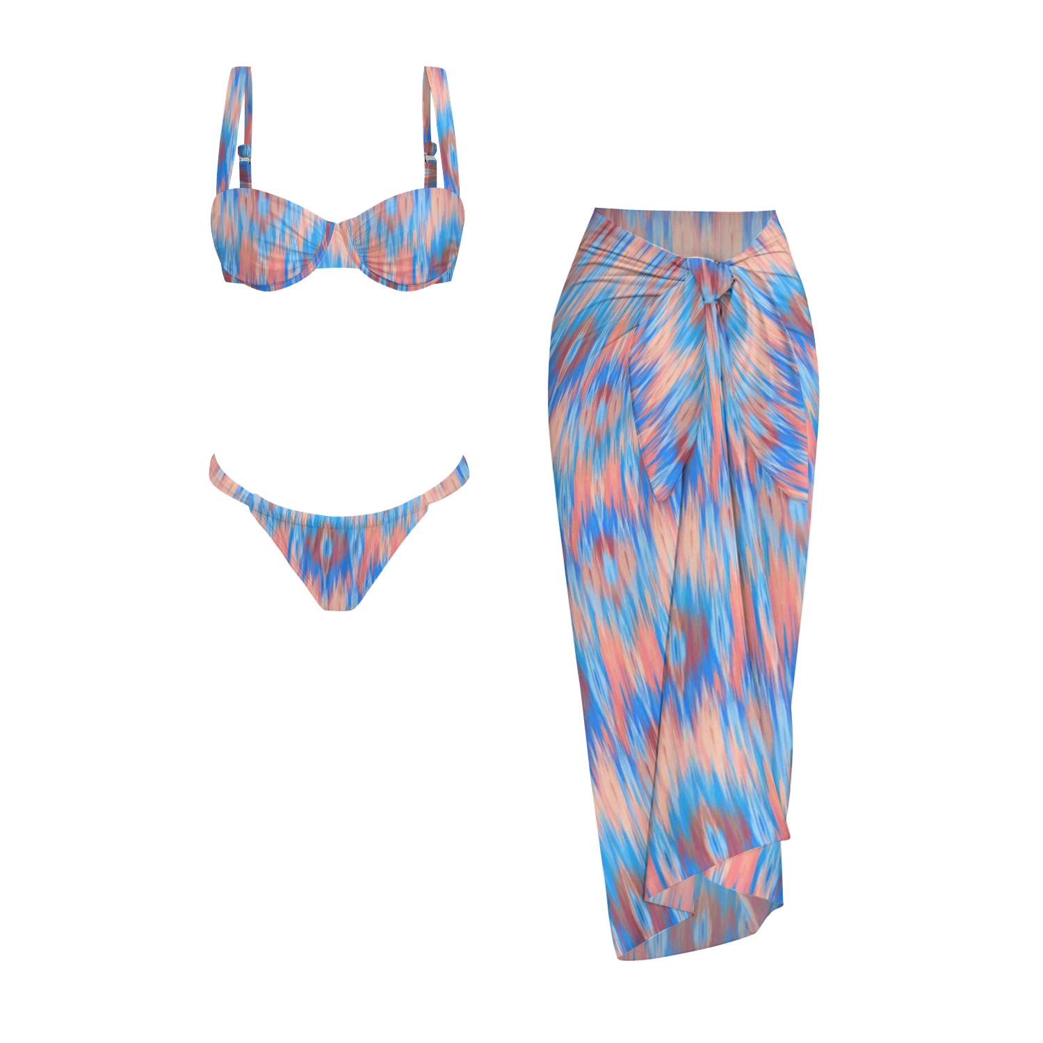 Ikat Wave Print Bikini And Beach Skirt Set