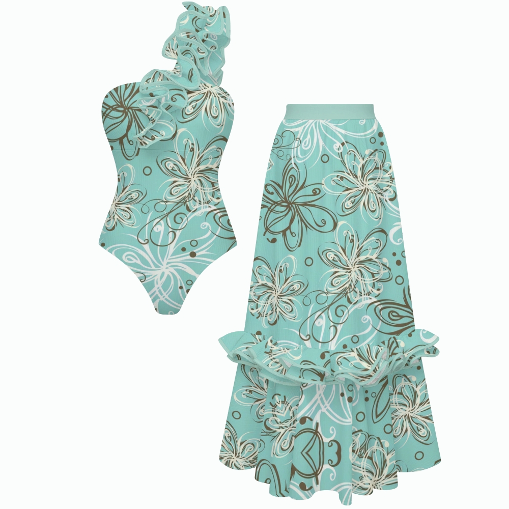 Turquoise Abstract Floral One-Shoulder Ruffled One-Piece Swimsuit Matching Maxi Skirt Set