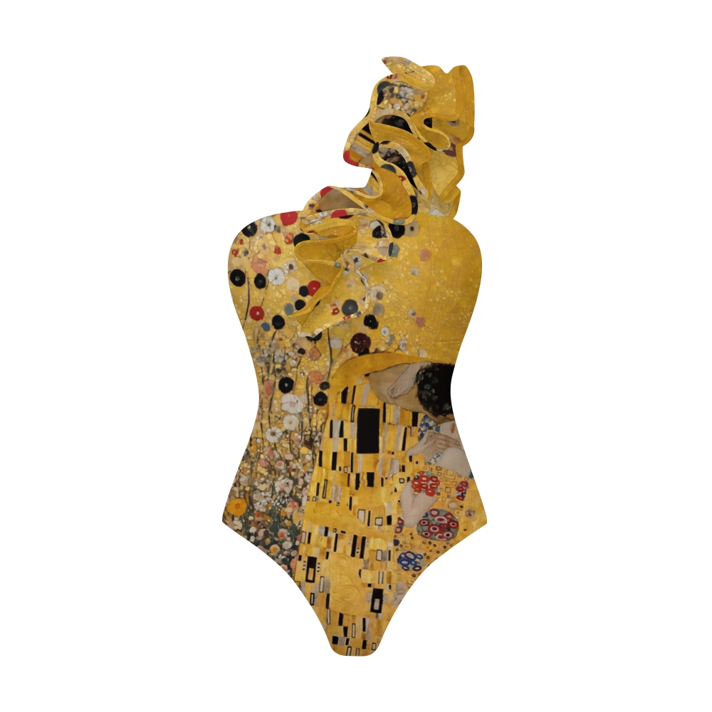 Klimt The Kiss Art Print One-Shoulder Ruffled One-Piece Swimsuit Matching Maxi Skirt Set
