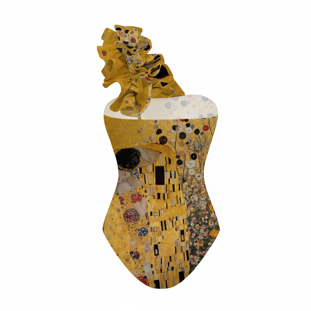 Klimt The Kiss Art Print One-Shoulder Ruffled One-Piece Swimsuit Matching Maxi Skirt Set