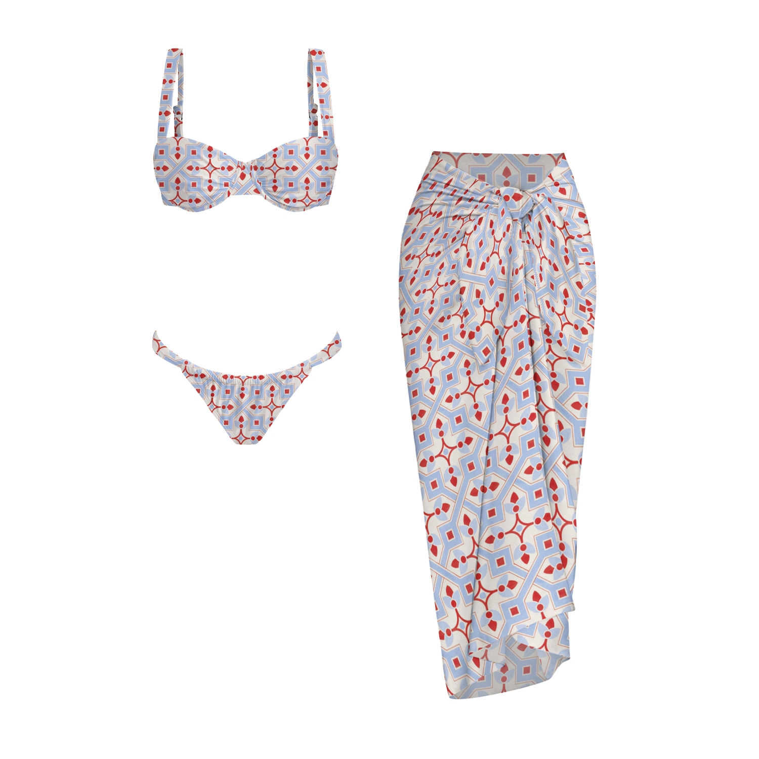 Minimalist Geo Lattice Print Bikini And Beach Skirt Set