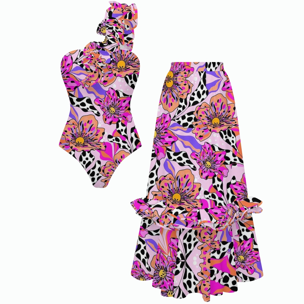 Pink Purple Leopard Floral One-Shoulder Ruffled One-Piece Swimsuit Matching Maxi Skirt Set