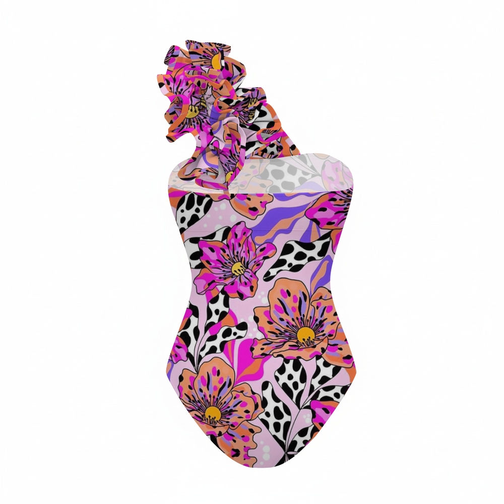 Pink Purple Leopard Floral One-Shoulder Ruffled One-Piece Swimsuit Matching Maxi Skirt Set