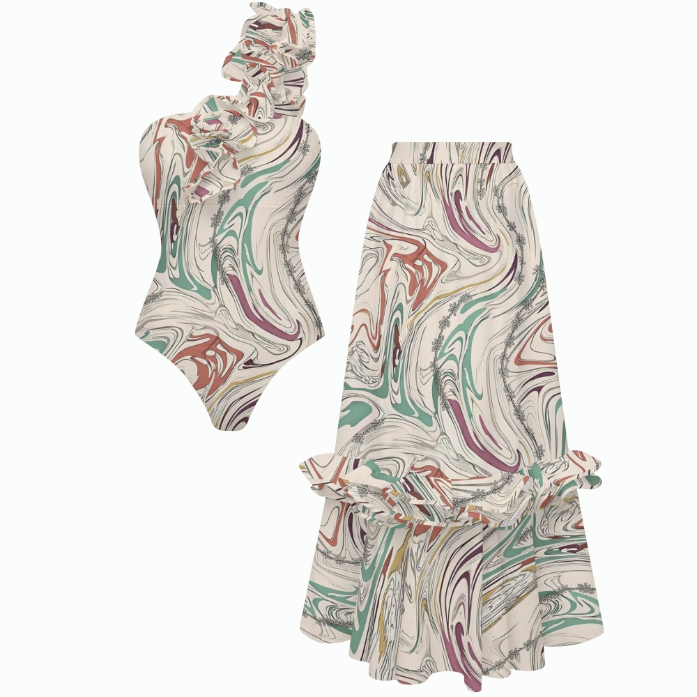Colorful Ink Fluid Texture One-Shoulder Ruffled One-Piece Swimsuit Matching Maxi Skirt Set