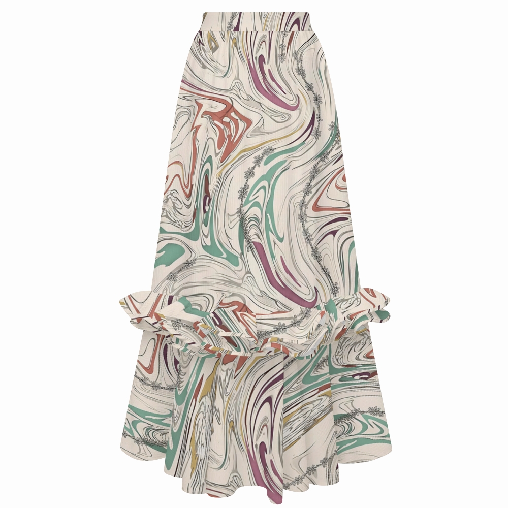 Colorful Ink Fluid Texture One-Shoulder Ruffled One-Piece Swimsuit Matching Maxi Skirt Set