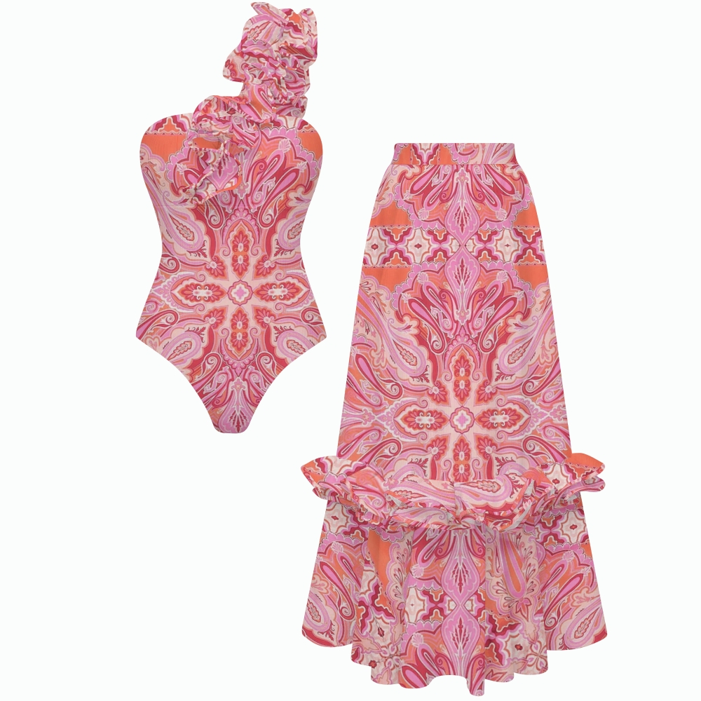 Pink Orange Paisley One-Shoulder Ruffled One-Piece Swimsuit Matching Maxi Skirt Set