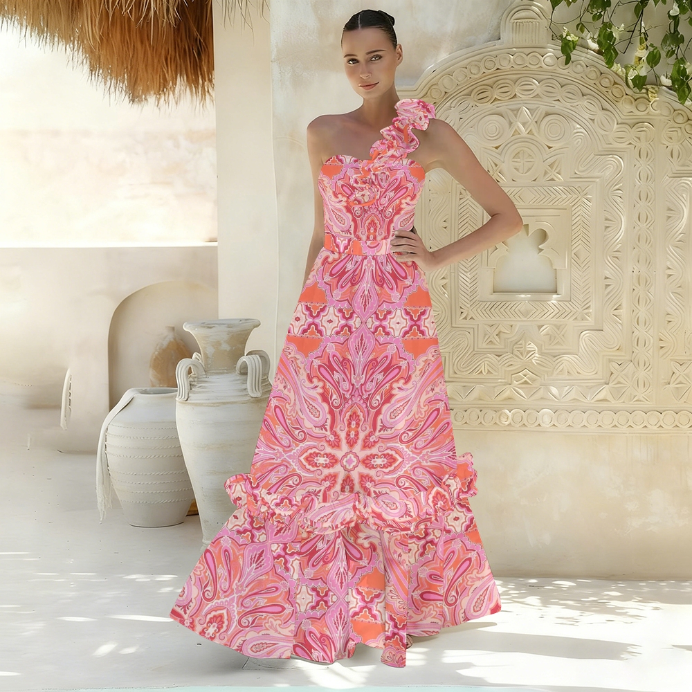 Pink Orange Paisley One-Shoulder Ruffled One-Piece Swimsuit Matching Maxi Skirt Set