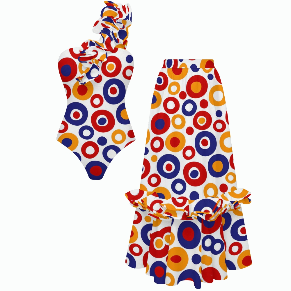 Retro Colorful Circle One-Shoulder Ruffled One-Piece Swimsuit Matching Maxi Skirt Set